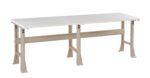 Rectangular workbench with a white tabletop and beige metal legs. The bench has a support beam beneath the tabletop, providing stability. The design is simple and functional, suitable for various workspaces.