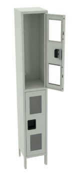 Tall, rectangular metal cabinet with a door open on one side, revealing two interior compartments. The top compartment has an open frame design, and the bottom one is fully enclosed. The cabinet has a light gray finish.