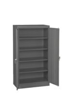 A grey metal storage cabinet with two doors, one open to reveal five adjustable shelves inside. It has a sleek, industrial design and features handles on each door.