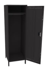 Black metal locker with one door open, revealing an empty interior with a horizontal bar near the top for hanging items. The locker stands on four short legs and has a simple design. A lock mechanism is visible on the door.