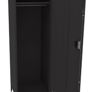 Black metal locker with one door open, revealing an empty interior with a horizontal bar near the top for hanging items. The locker stands on four short legs and has a simple design. A lock mechanism is visible on the door.