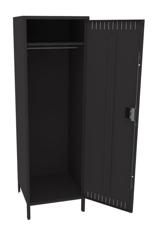 Black metal locker with one door open, revealing an empty interior with a horizontal bar near the top for hanging items. The locker stands on four short legs and has a simple design. A lock mechanism is visible on the door.