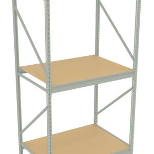 Industrial metal shelving unit with three wooden shelves. The frame is gray and supports evenly spaced shelves. The unit is designed for storage, featuring a sturdy, open-frame construction with diagonal support bars on the back and sides.