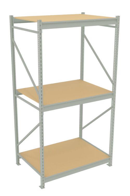 Industrial metal shelving unit with three wooden shelves. The frame is gray and supports evenly spaced shelves. The unit is designed for storage, featuring a sturdy, open-frame construction with diagonal support bars on the back and sides.