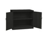 Black metal storage cabinet with two open doors, revealing two compartments with a single adjustable shelf inside. The cabinet features a sleek, modern design suitable for various storage needs.