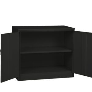 Black metal storage cabinet with two open doors, revealing two compartments with a single adjustable shelf inside. The cabinet features a sleek, modern design suitable for various storage needs.