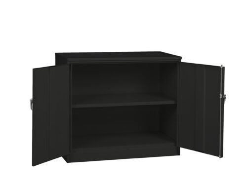 Black metal storage cabinet with two open doors, revealing two compartments with a single adjustable shelf inside. The cabinet features a sleek, modern design suitable for various storage needs.