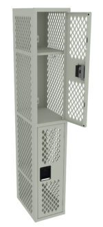A tall, open, gray metal locker with perforated doors and two sections. The upper section has one shelf, and both sections have rectangular black handles with locks. The locker is empty and positioned against a white background.