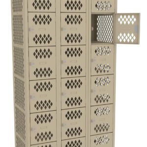 A beige metal locker unit with a grid of 24 compartments, each featuring a diamond-shaped ventilation pattern. One door is open, revealing an empty interior. These lockers are commonly used for storage in schools or gyms.