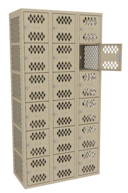 A beige metal locker unit with a grid of 24 compartments, each featuring a diamond-shaped ventilation pattern. One door is open, revealing an empty interior. These lockers are commonly used for storage in schools or gyms.