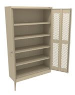 A beige metal storage cabinet with one door open, revealing five shelves. The open door has a perforated design, while the closed door has a handle. The cabinet stands on four short legs.