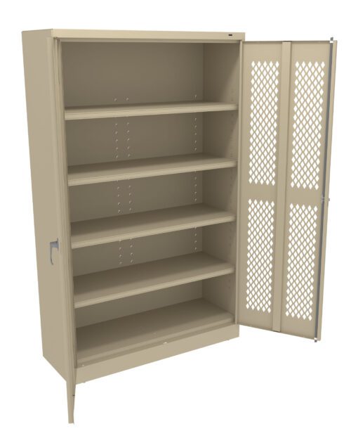 fkbam8mr29hk6tc2a61w.jpg A beige metal storage cabinet with one door open, revealing five shelves. The open door has a perforated design, while the closed door has a handle. The cabinet stands on four short legs.