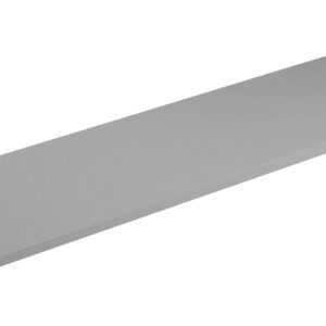 A long, rectangular metallic object with a smooth surface and a tapered edge on one side. It appears flat and is positioned horizontally against a plain white background.
