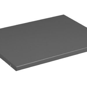 A rectangular, flat, gray metal shelf viewed from a slightly elevated angle, showing its thin profile and smooth surface.