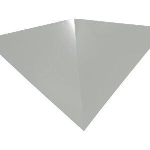 A folded piece of light gray paper resembling an origami airplane viewed from above on a white background.