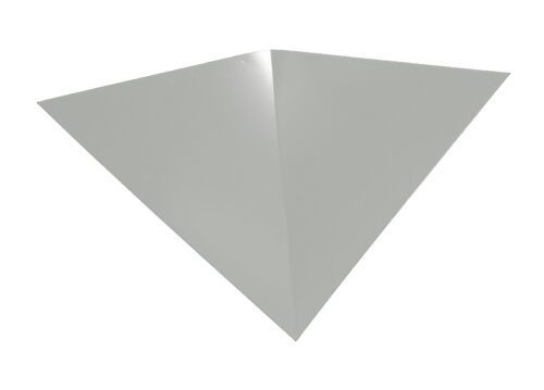 A folded piece of light gray paper resembling an origami airplane viewed from above on a white background.