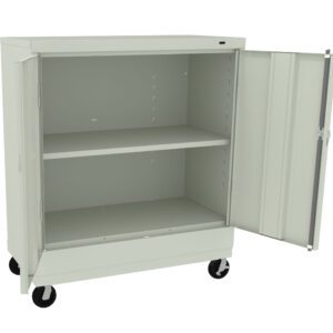 A light gray metal cabinet on wheels with its double doors open, revealing two shelves inside. The cabinet is empty, and the wheels allow for easy movement.