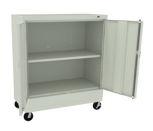 A light gray metal cabinet on wheels with its double doors open, revealing two shelves inside. The cabinet is empty, and the wheels allow for easy movement.