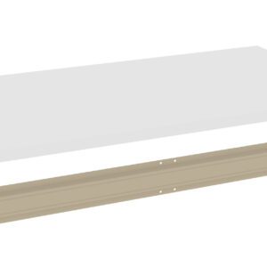 A rendered image showing a white rectangular shelf above a beige metal bracket, designed for wall mounting. The bracket has multiple holes for attachment.
