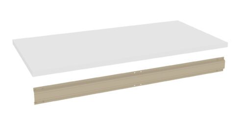 fl1sgztmpebwojsrvsgh.jpg A rendered image showing a white rectangular shelf above a beige metal bracket, designed for wall mounting. The bracket has multiple holes for attachment.