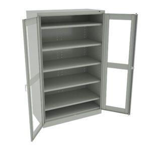 A metal storage cabinet with double glass doors opened to reveal five adjustable shelves. The cabinet is light gray with a utilitarian design, suitable for office or industrial use.