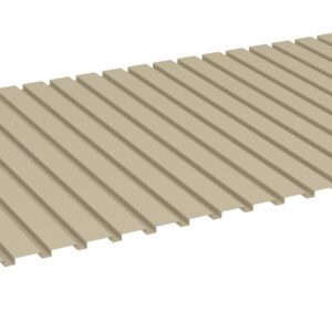 A beige corrugated roofing sheet is displayed against a plain white background. The sheet has evenly spaced ridges running parallel along its length, creating a wavy texture.