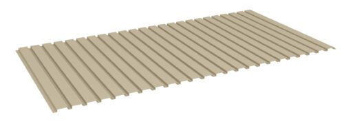 A beige corrugated roofing sheet is displayed against a plain white background. The sheet has evenly spaced ridges running parallel along its length, creating a wavy texture.