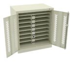 Open metal cabinet with beige color, featuring two doors with diamond-shaped ventilation holes. Inside are multiple horizontal shelves and a vertical strip with electrical outlets, designed for electronic device storage and charging.