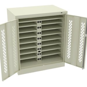 Open metal cabinet with beige color, featuring two doors with diamond-shaped ventilation holes. Inside are multiple horizontal shelves and a vertical strip with electrical outlets, designed for electronic device storage and charging.