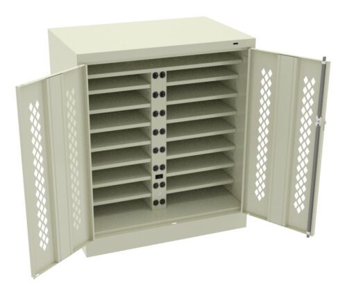 flvnvvhahibsvbplyxcc.jpg Open metal cabinet with beige color, featuring two doors with diamond-shaped ventilation holes. Inside are multiple horizontal shelves and a vertical strip with electrical outlets, designed for electronic device storage and charging.