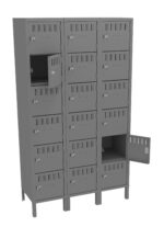 Gray metal locker unit with three columns and five rows of small compartments. Two locker doors are open, displaying the interior space. Each compartment features ventilation slots and a lock mechanism.