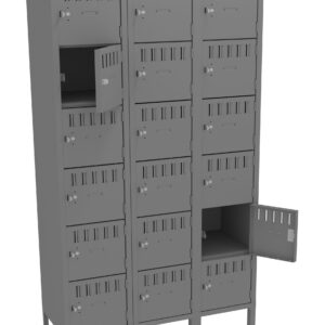 Gray metal locker unit with three columns and five rows of small compartments. Two locker doors are open, displaying the interior space. Each compartment features ventilation slots and a lock mechanism.