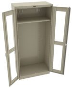 An open, tall metal cabinet with two transparent-glass doors and multiple adjustable shelves inside. The cabinet is empty and has a beige finish.