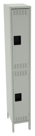 Tall, gray metal locker with two compartments, each with a black handle and ventilation slots. The locker stands on four legs against a plain white background.