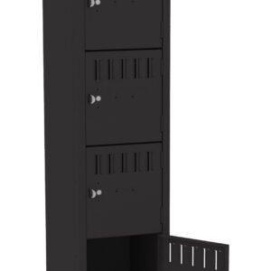 Black metal locker with six compartments, each with a vented door. The bottom compartment door is open, while the others are closed. The locker is tall and narrow, standing upright.