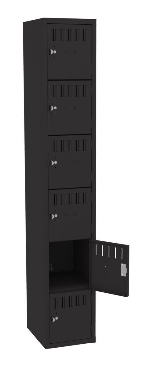 fmeztkzbwmewz9iw2hzi.jpg Black metal locker with six compartments, each with a vented door. The bottom compartment door is open, while the others are closed. The locker is tall and narrow, standing upright.