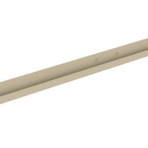 A long, flat, beige metal bracket with two holes on each end and two additional holes spaced along the surface. The bracket has a channel running its length, designed to support or mount objects.
