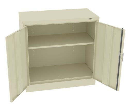 fmqldunsswk4iqznnrf8.jpg Open beige metal cabinet with double doors and two interior shelves. The doors are wide open, revealing empty shelves. The cabinet has a simple, industrial design.