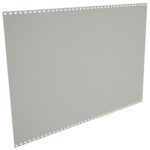 A blank sheet of grey perforated paper with small holes evenly spaced along its top and bottom edges, set against a plain white background.