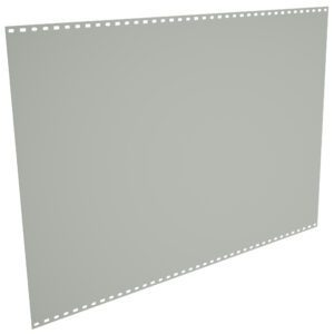 A blank sheet of grey perforated paper with small holes evenly spaced along its top and bottom edges, set against a plain white background.