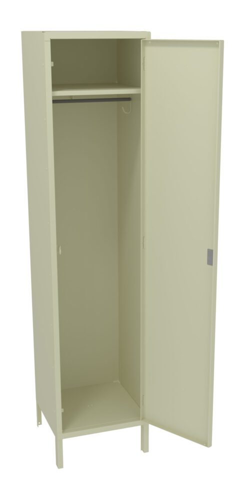 Open beige metal locker with one door ajar, revealing an empty interior. Inside, there is a hanging rail near the top and a shelf above it. The locker stands on four legs.