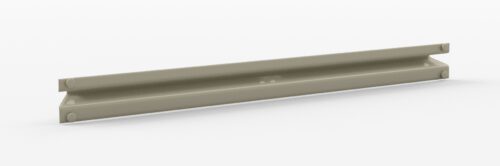A long, light gray metal I-beam is shown, lying horizontally on a plain white background. The beam has a flat surface on top and bottom with vertical sides, creating an I shape in profile.