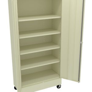 A tall, beige metal storage cabinet with one door open. It has five adjustable shelves inside and is mounted on wheels for mobility. The cabinet is empty, showcasing its storage capacity.