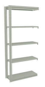 A metal shelving unit with five adjustable, perforated shelves. The frame is tall and rectangular with holes for flexibility in shelf placement. The unit is gray in color and is designed for storage in various environments.
