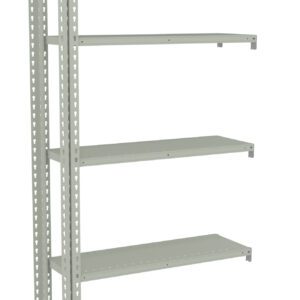 A metal shelving unit with five adjustable, perforated shelves. The frame is tall and rectangular with holes for flexibility in shelf placement. The unit is gray in color and is designed for storage in various environments.