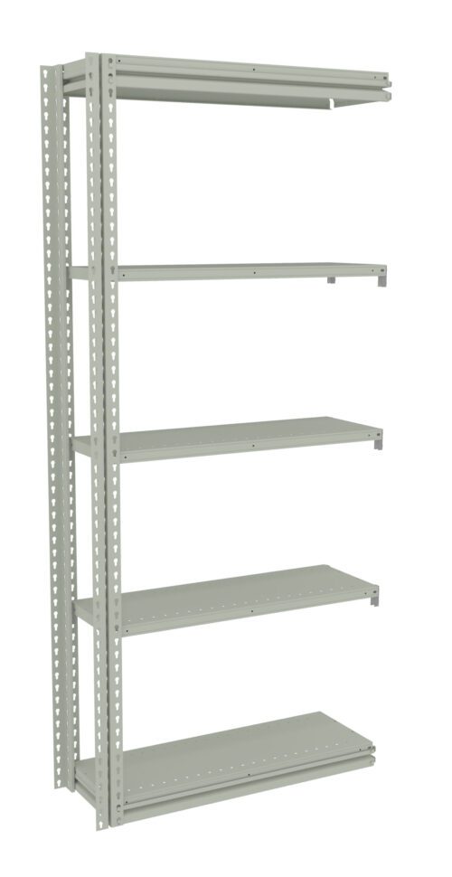 A metal shelving unit with five adjustable, perforated shelves. The frame is tall and rectangular with holes for flexibility in shelf placement. The unit is gray in color and is designed for storage in various environments.