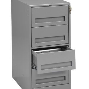 A gray metal cabinet with three drawers, one of which is open. The top drawer is locked, and there is a small keyhole visible. The cabinet has a simple, industrial design with recessed handles.