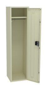 A beige metal locker with one door open, revealing an empty interior. Inside, there is a single shelf at the top with a hanging rod beneath it. The locker has a lock mechanism on the door.