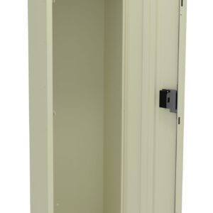A beige metal locker with one door open, revealing an empty interior. Inside, there is a single shelf at the top with a hanging rod beneath it. The locker has a lock mechanism on the door.