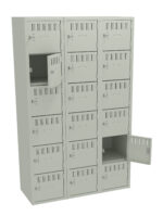 Three columns of gray metal lockers with five rows each. Some locker doors are open, revealing empty compartments inside. The lockers have small ventilation slits and locks on each door. The background is plain white.